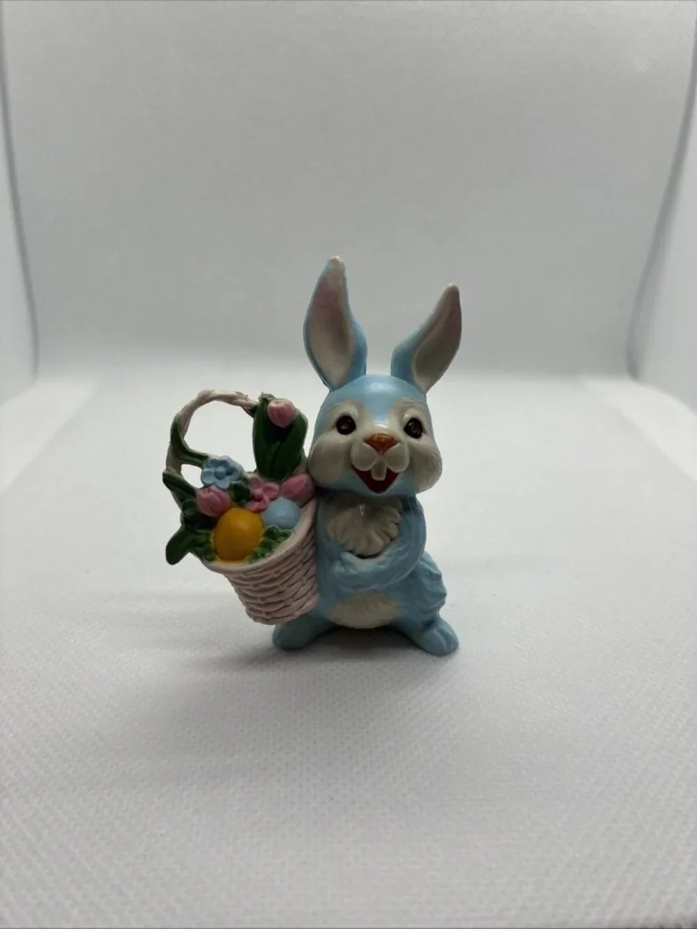 Vintage Blue Easter Bunny Figurine Basket Eggs Flowers Spring Rabbit Decor